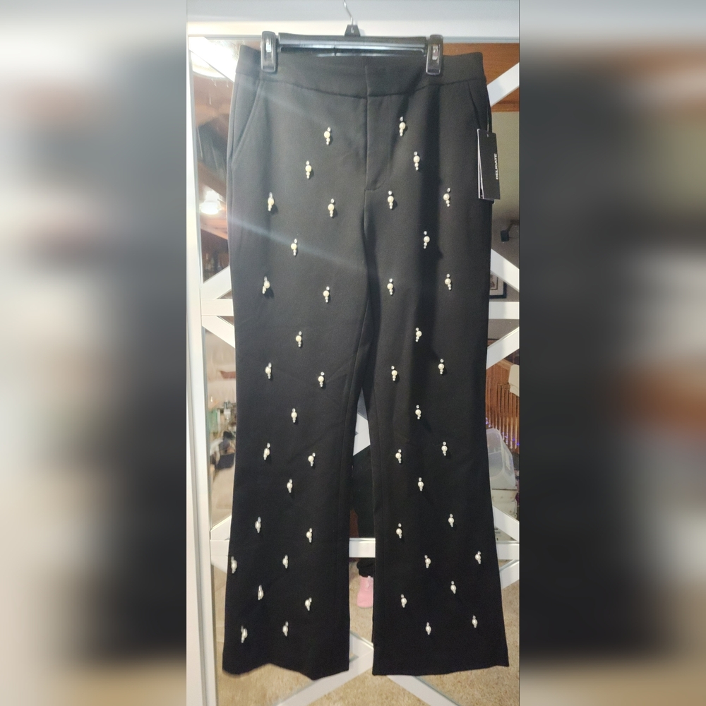 Karl Lagerfield Black Embellished Rhinestones & Faux Pearls Pants Sz 8 - Picture 11 of 12